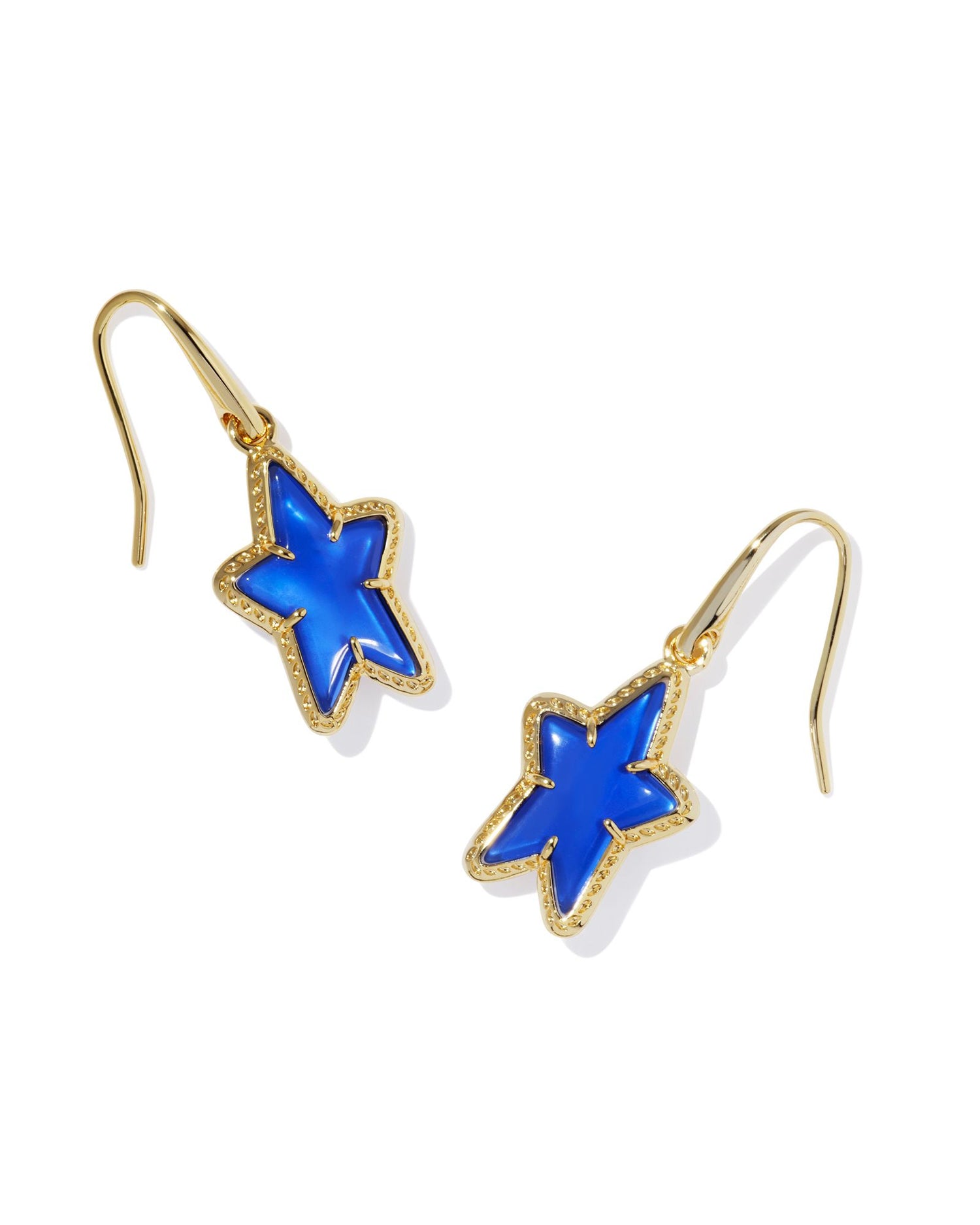 gold drop earrings with a star charm that has a cobalt illusion stoned center, size is 1.42'L X 0.38"W