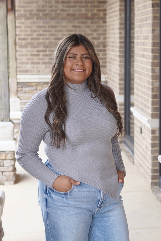 Ashton Asymmetrical Long Sleeve Top, Mock Neckline, Long Sleeves, Asymmetrical, Knit, Color: Heather Grey, Fitted