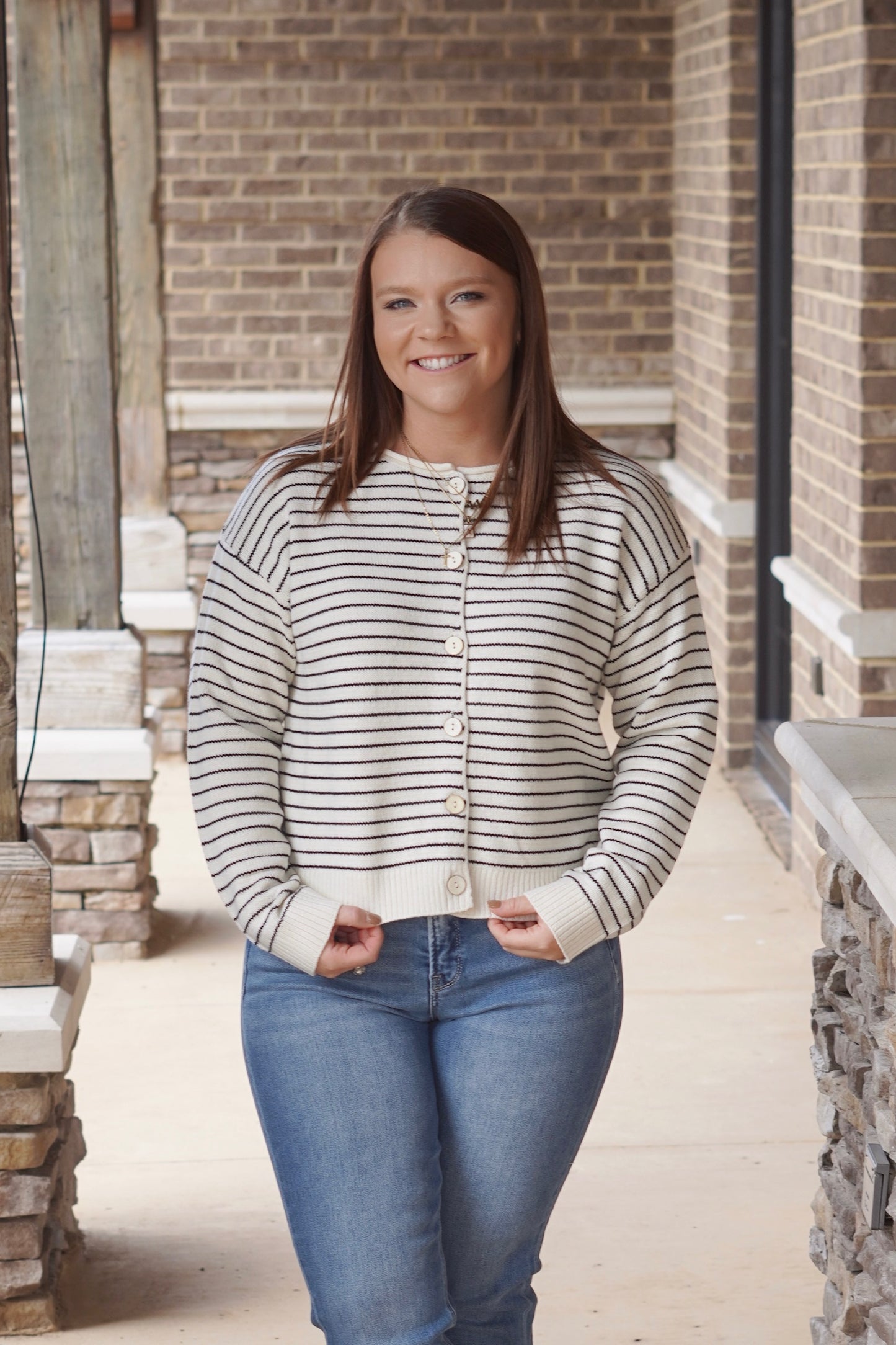 Sophie Striped Button Down Cardigan, Round Neckline, Long Sleeves, Striped, Color: Cream, Relaxed Fit, Button Down