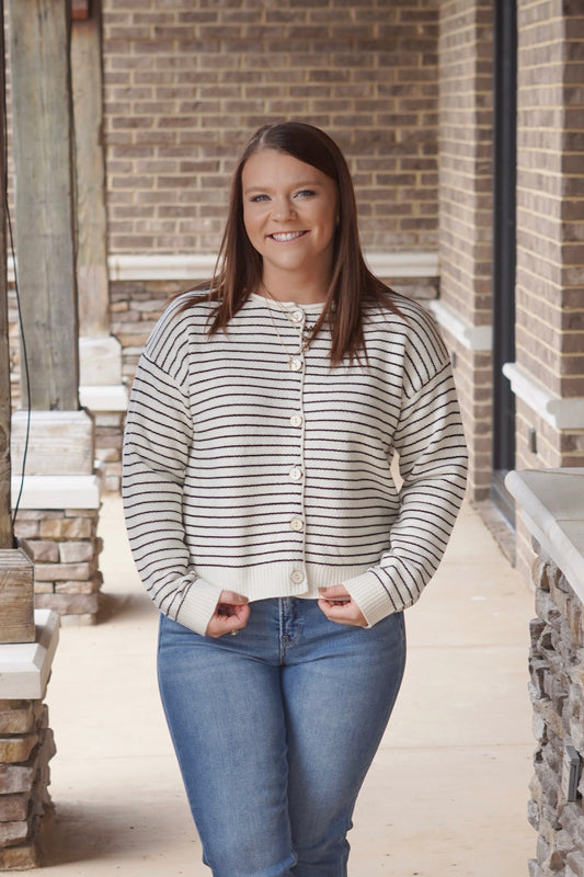 Sophie Striped Button Down Cardigan, Round Neckline, Long Sleeves, Striped, Color: Cream, Relaxed Fit, Button Down