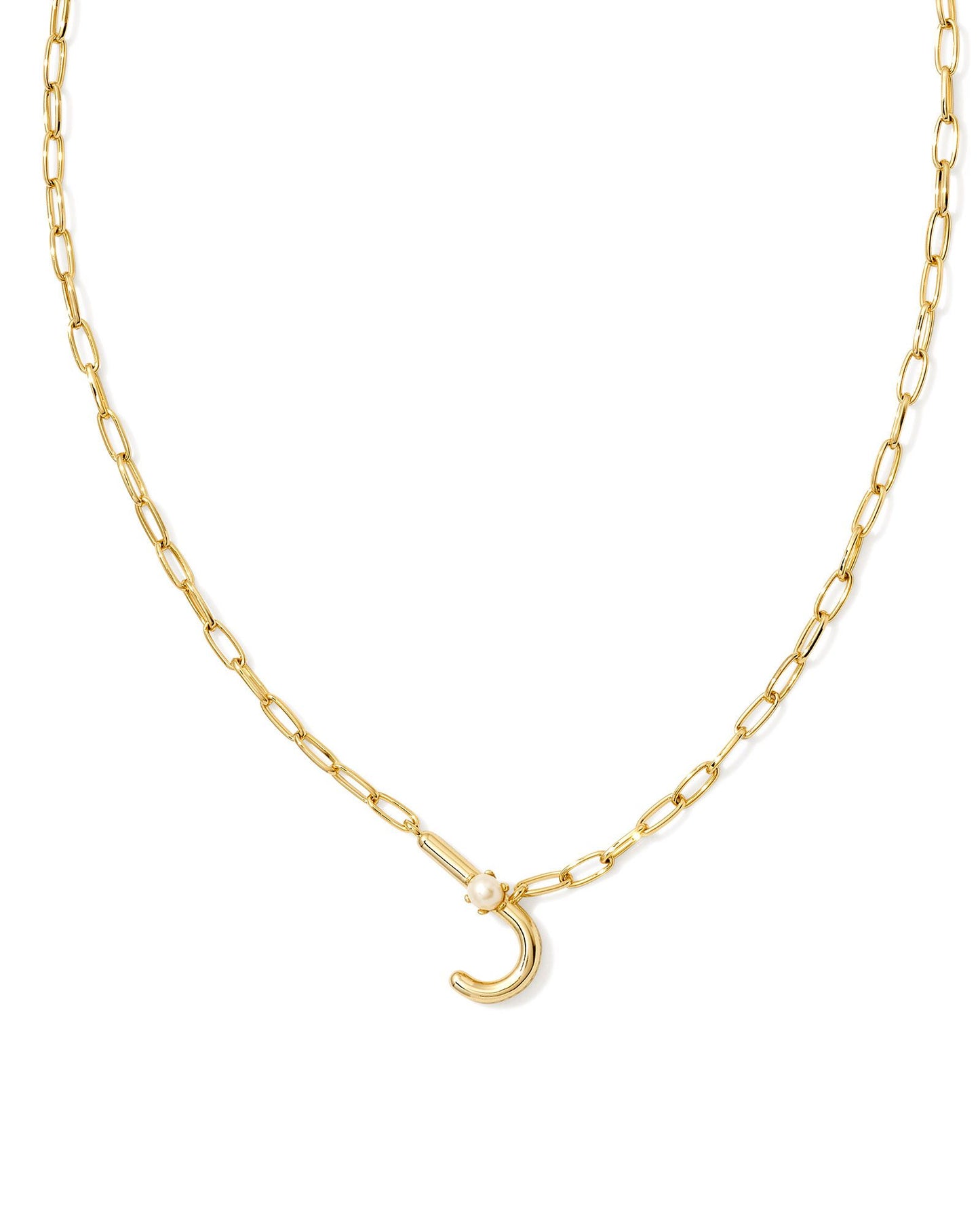 gold necklace with an initial pendant that has a singular pearl stud on it. Initial J