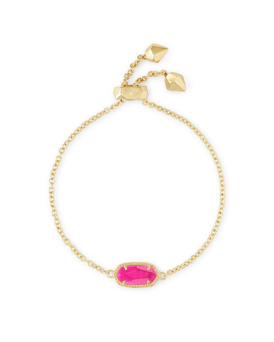 Gold chain bracelet with an adjustable slider and a hot pink pendant on it