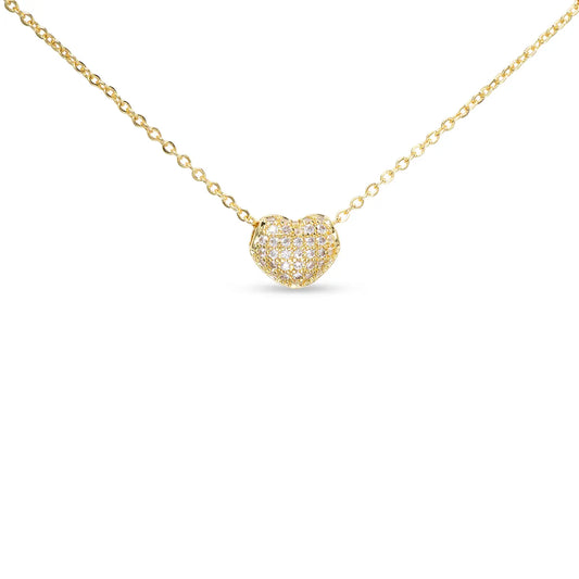 Gold Cz Pave Puffy Heart Necklace