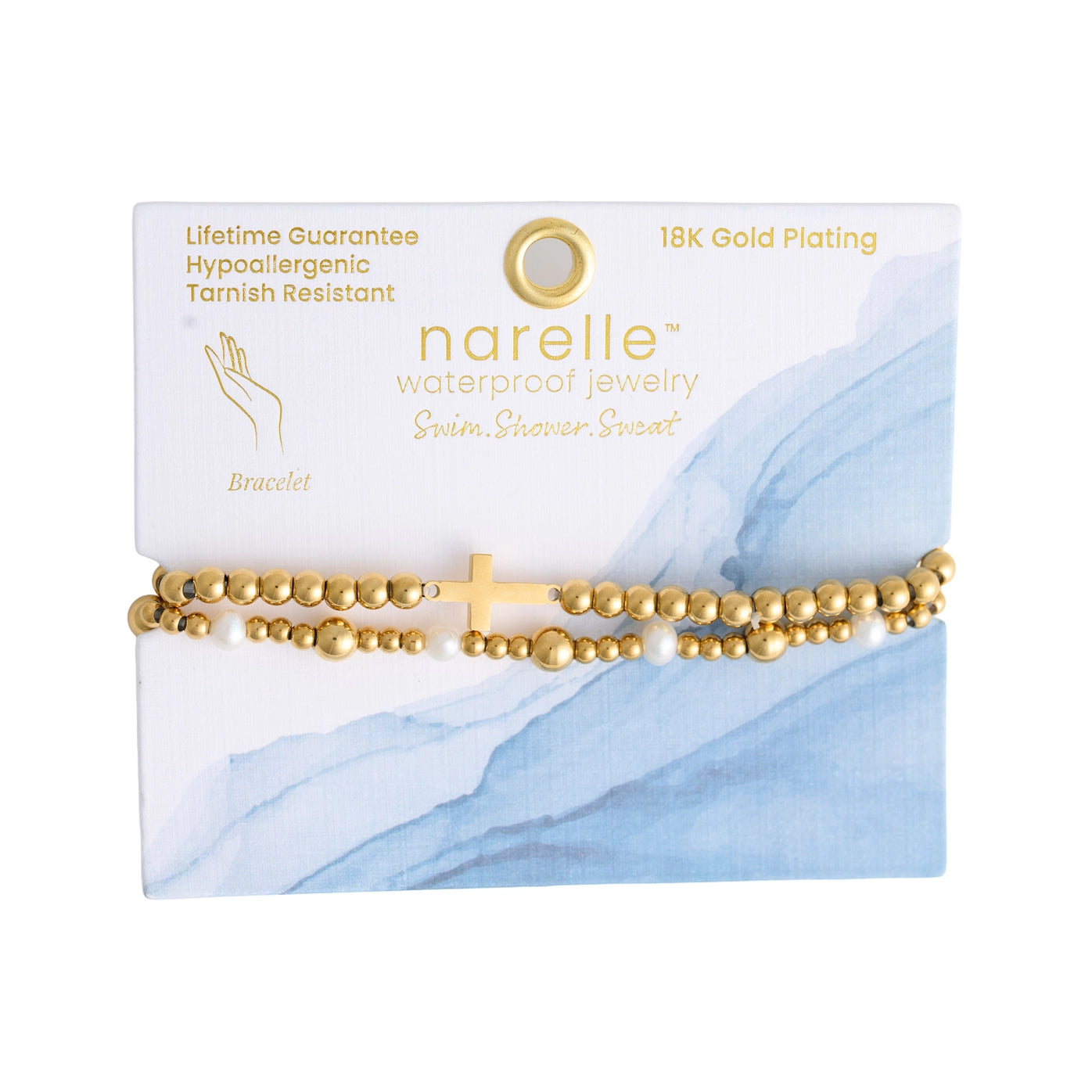 Narelle Waterproof Pearl Station and Cross Stretch Bracelet Set Gold