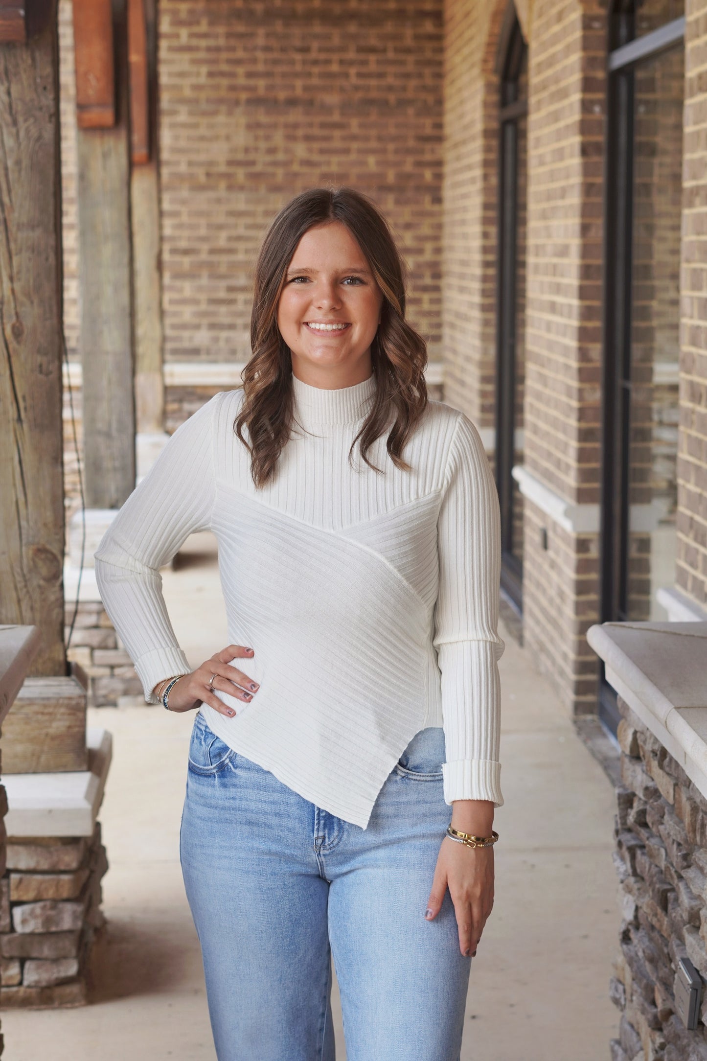 Ashton Asymmetrical Long Sleeve Top, Mock Neckline, Long Sleeves, Asymmetrical, Knit, Color: Cream, Fitted