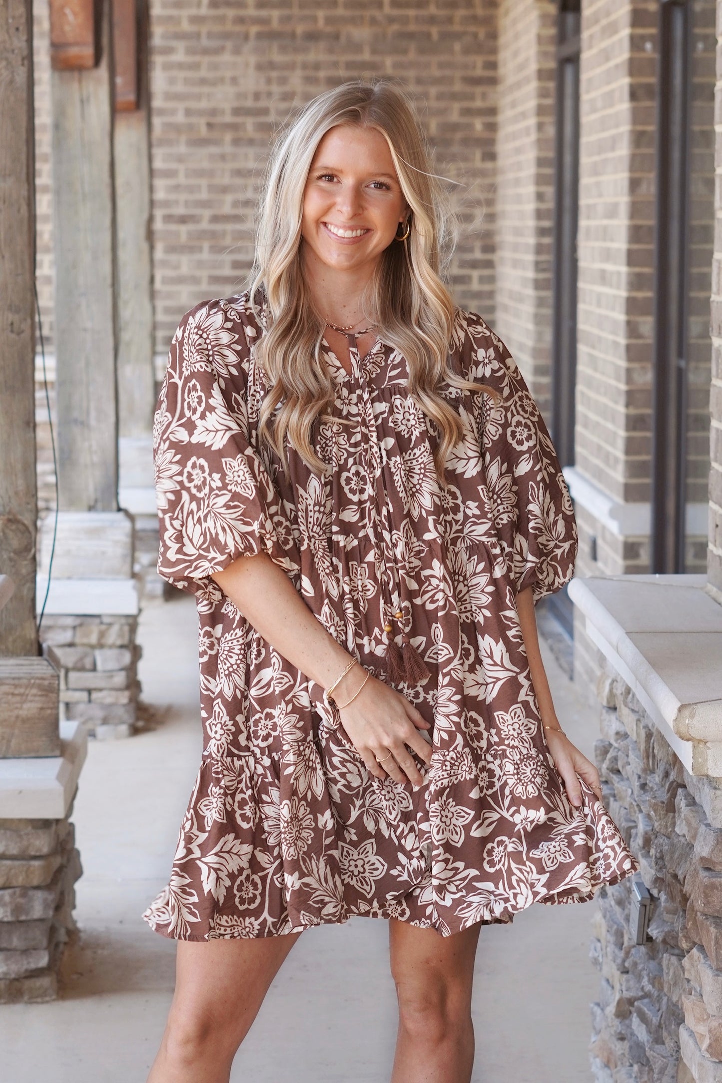 Mocha Boho Half Sleeve Mini Dress, Split Neckline With Drawstring, Half Bubble Sleeves, Pockets, Mini Length Dress, Color: Mocha, Baby Doll Fit Dress, Flowy