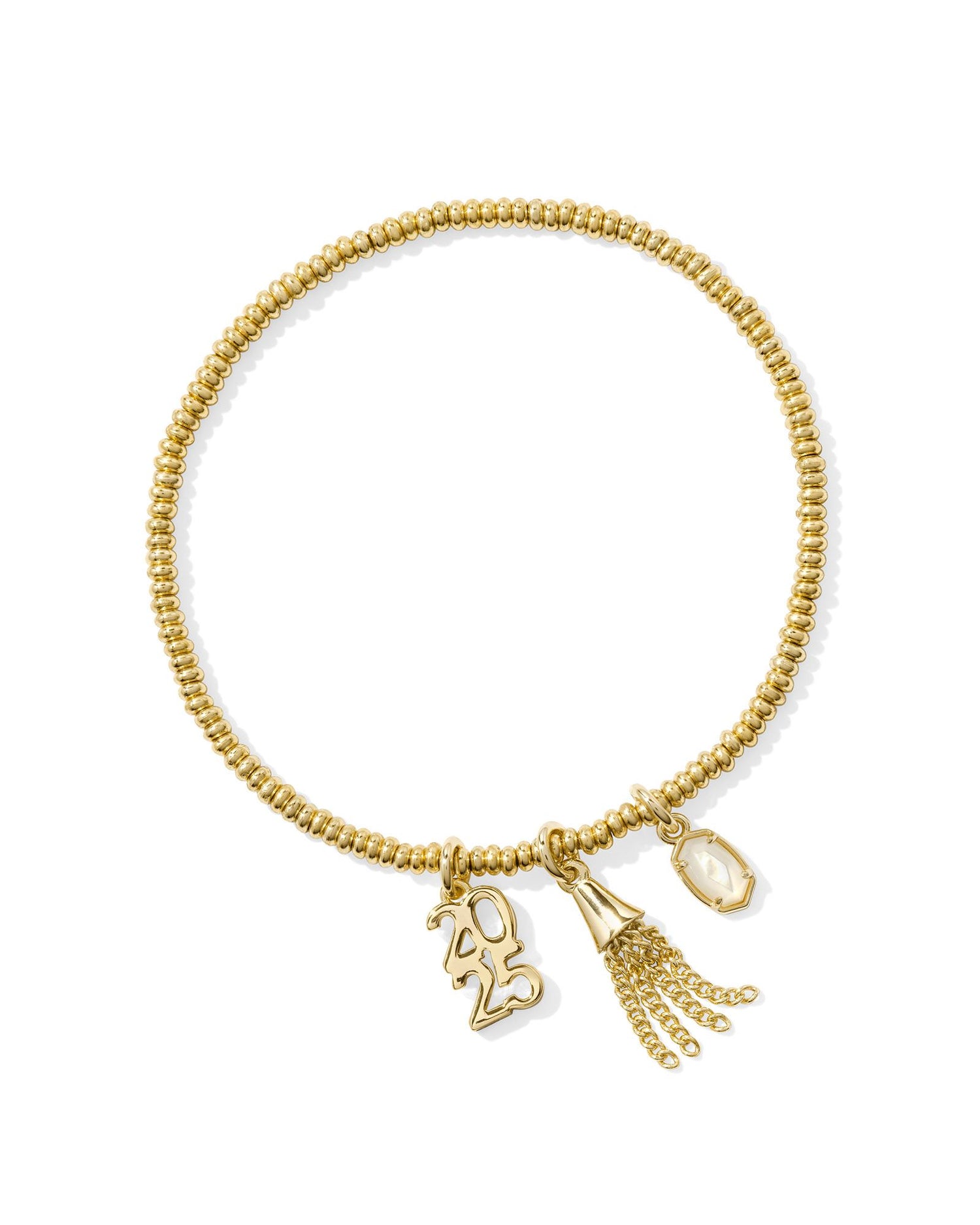 gold beaded stretch bracelet with a dichroic glass stone charm, a 2025 charm, and a tassle charm