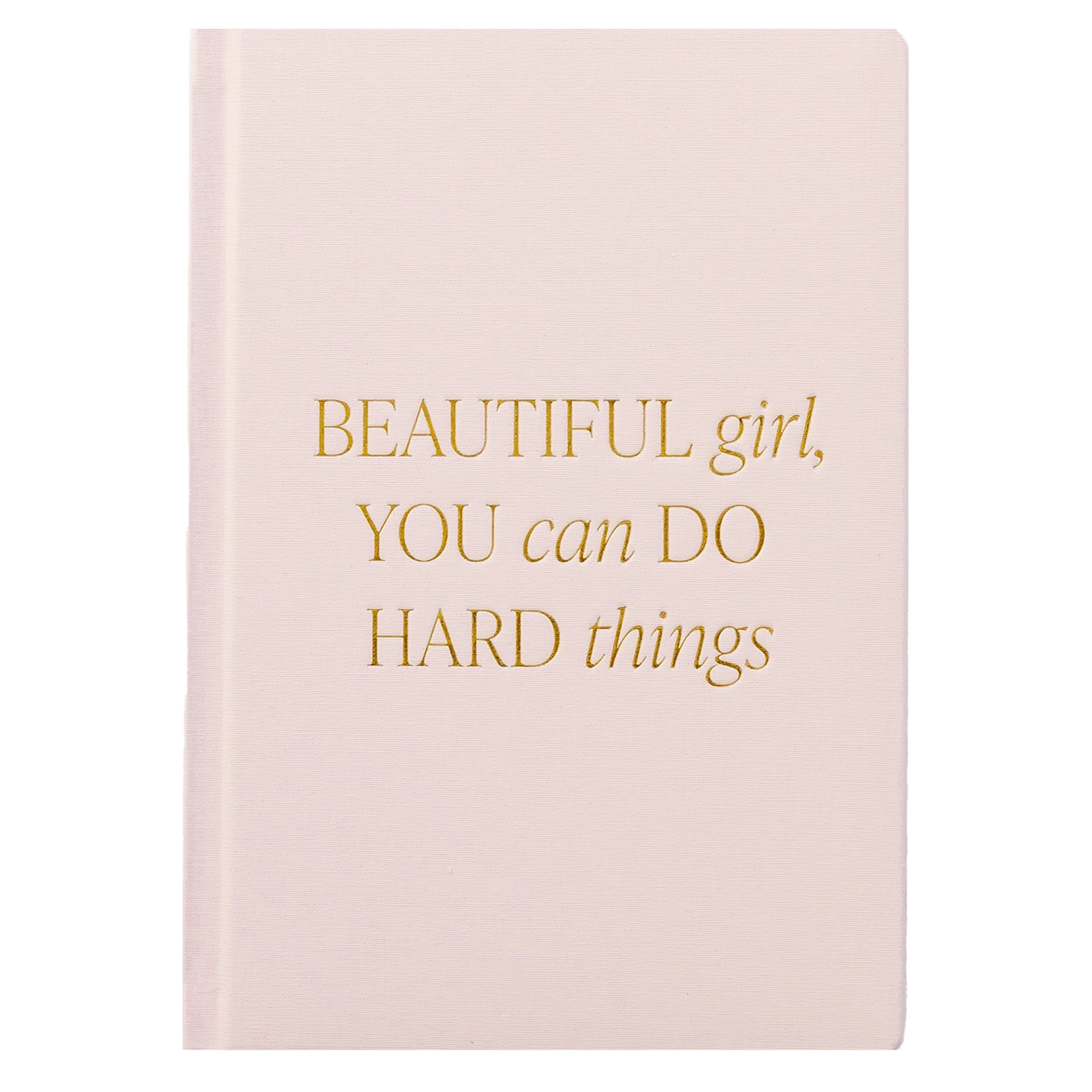 Size: 8.1" x 5.6" x .6" Design: Beautiful Girl, You Can Do Hard Things
Light Pink Fabric Journal with Gold Foil Details
100gsm Uncoated Lined Paper
Ribbon Bookmark in Gold
100 Pages Front and Back (200 Total)