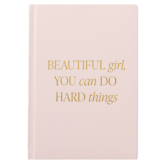 Size: 8.1" x 5.6" x .6" Design: Beautiful Girl, You Can Do Hard Things
Light Pink Fabric Journal with Gold Foil Details
100gsm Uncoated Lined Paper
Ribbon Bookmark in Gold
100 Pages Front and Back (200 Total)