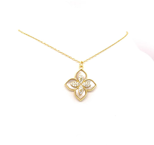 Gold Chain Necklace, Flower-Shaped Pendant With Four Petals, Each Petal With A Small Diamond, CHAIN LENGTH: 16" + 2" EXTENSION