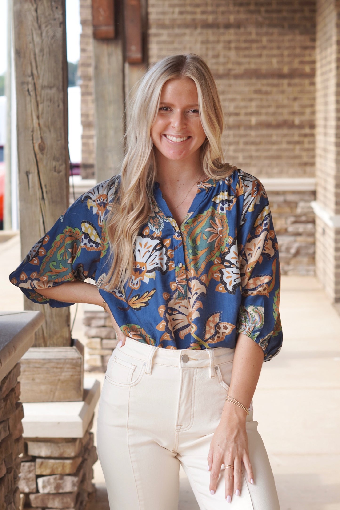 Nellie Navy Print Flowy Blouse, Quarter Length Sleeves, Leaf Print, Color: Navy Mix, Flowy, True To Size, Full Length. 