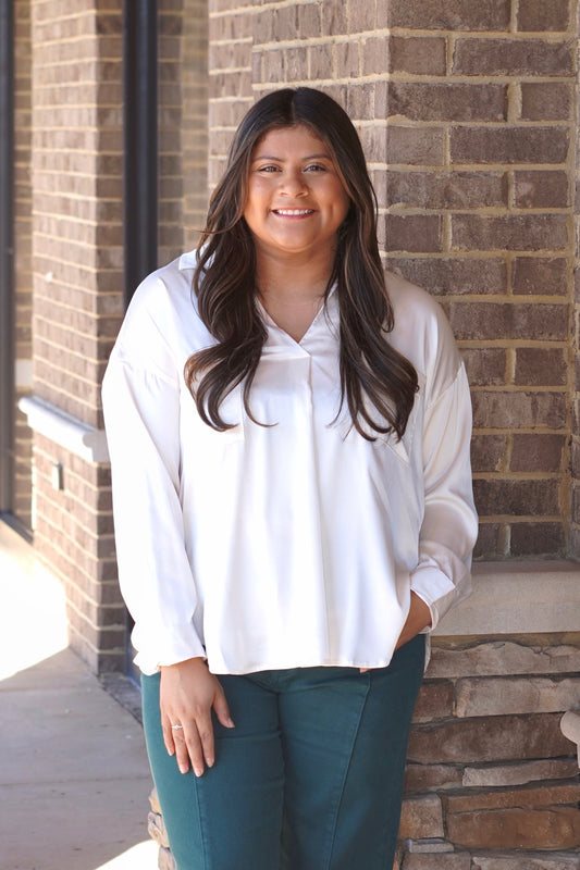 Satin Long Sleeve Blouse, Split Collar Neckline, Long Sleeves, Ivory, Pockets, Relaxed