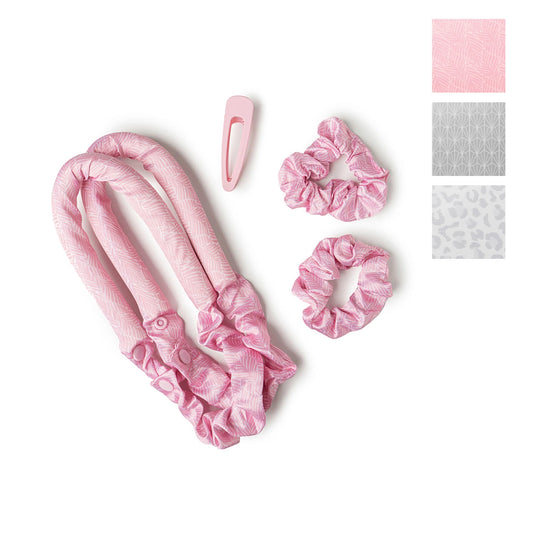 pink leaf print heatless curler rod, pink clip, and two scrunchies in a matching print