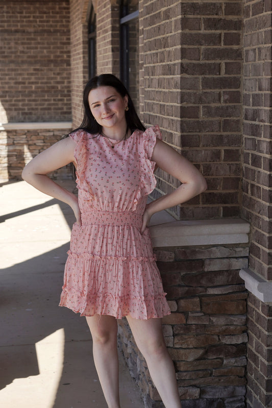 Pink Floral Print Dress, Ruffled Short Sleeve, Snitches At Waist, Ruffles, High Neckline, Mid Thigh Length  