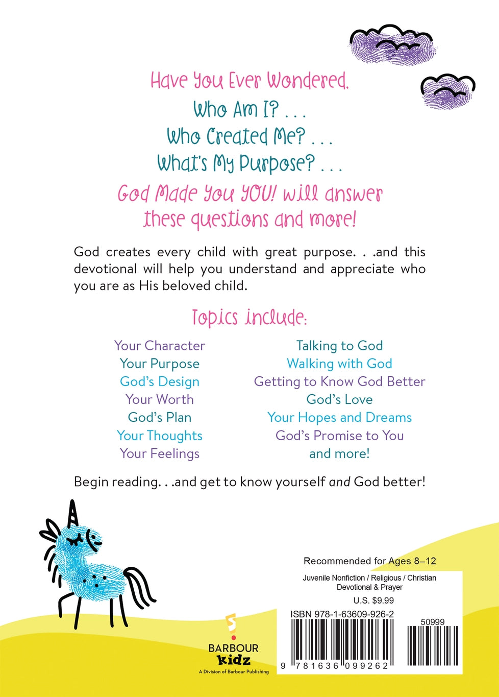 For ages 8-12 years old. Covers topics. such as character, purpose, worth, thoughts, feelings, etc. 