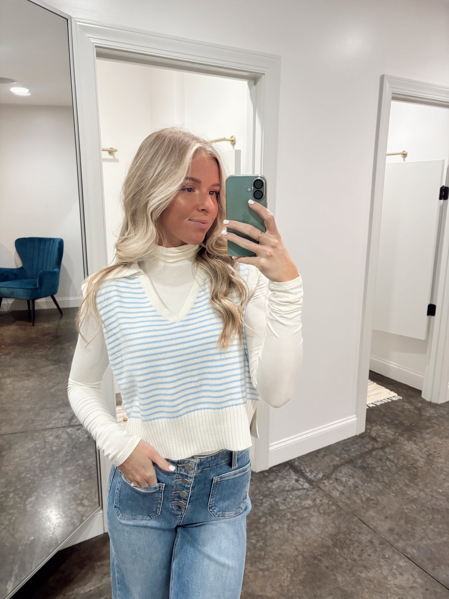 Collar Striped Top, V-Neckline, Blue Striped, Knitted, Waistline Length