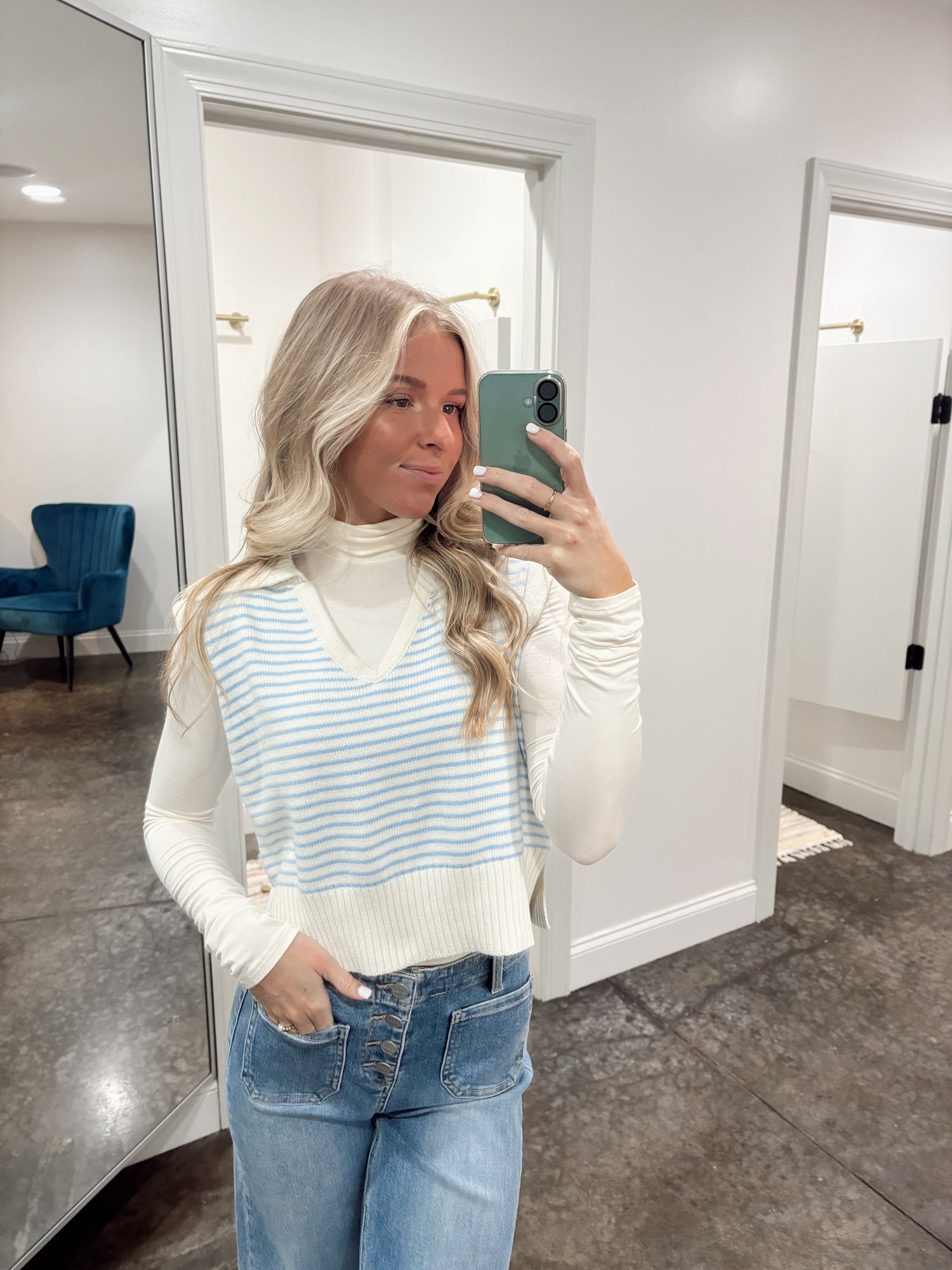 Collar Striped Top, V-Neckline, Blue Striped, Knitted, Waistline Length