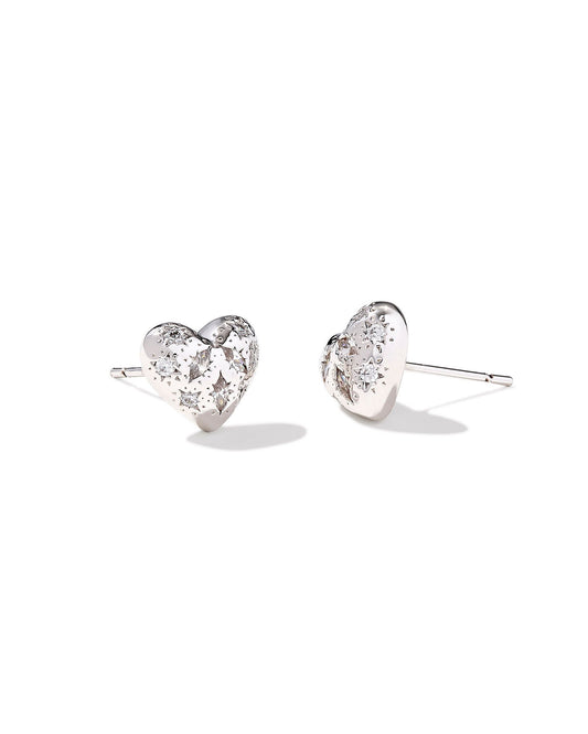 Silver Heart Stud Earrings with Small White Crystal Detailing