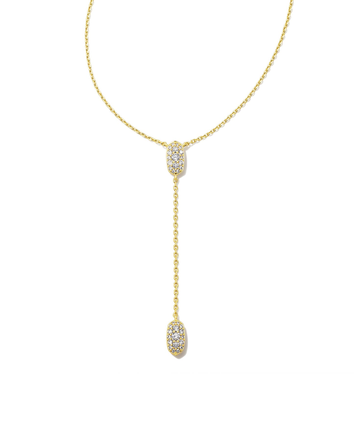 For those looking for a unique-yet-glam piece to add to their necklace stack, the Grayson Gold Y Necklace in White Crystal is for you. An elegant, Y-shaped silhouette, dotted with two crystal-studded pendants, this necklace elevates your look with its dramatic shape. Plus, the closure is adjustable, meaning you can style this necklace as a chic choker or classic pendant.