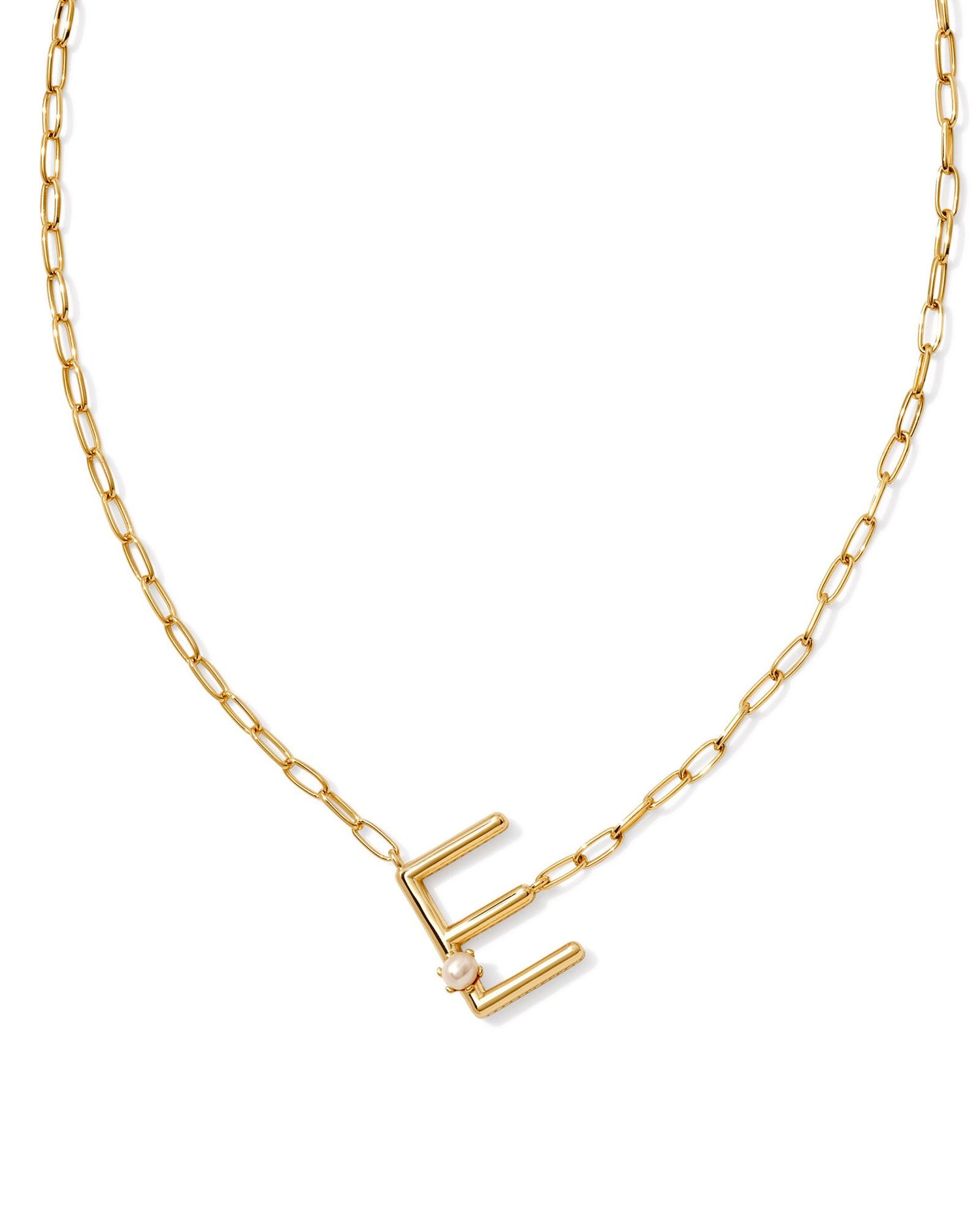 gold necklace with an initial pendant that has a singular pearl stud on it. Initial E