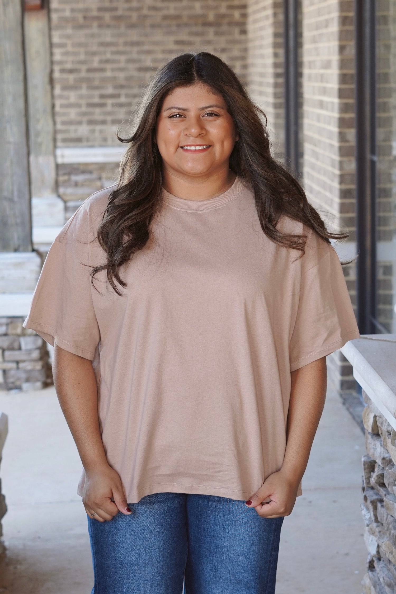 Allie Oversized Basic T-Shirt, Round Neckline, Short Sleeves, Full Length, Relaxed Fit, Colors: Taupe