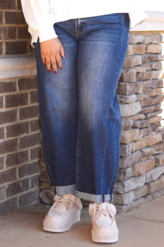 Demi Dark Denim High Rise Barrel Jeans, Button/Zipper Closure, Pockets, Barrel Jeans, Cuffed, Relaxed Fit, Inseam: 24", Dark Denim