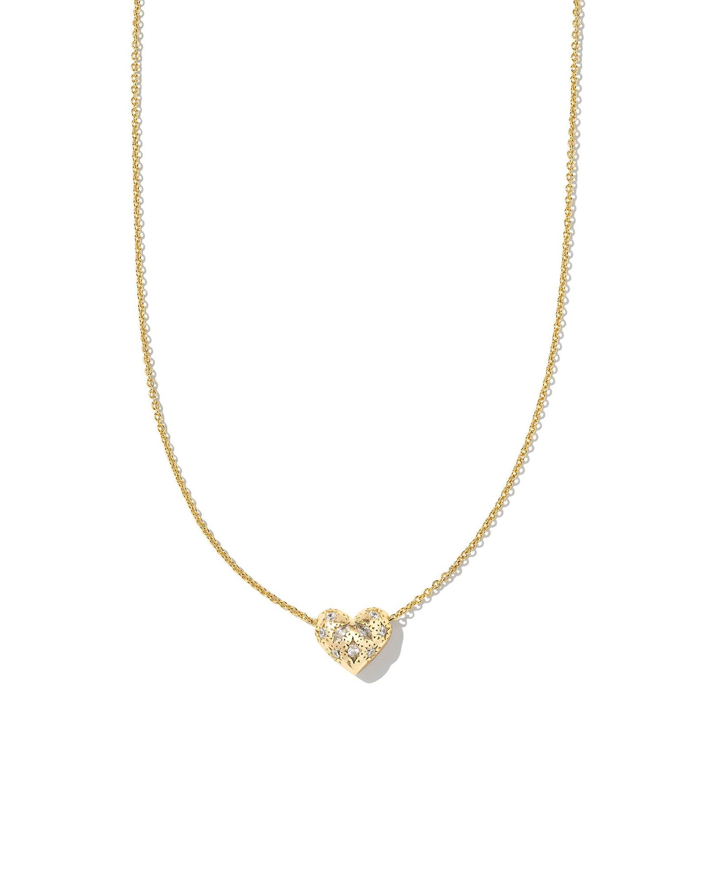 Gold chain with heart pendant with clear crystals on the pendant.
Metal-14K Gold Over Brass
Closure-Lobster Clasp with Single Adjustable Slider Bead
Size- 19' CHAIN, 0.53"L X 0.46"W PENDANT