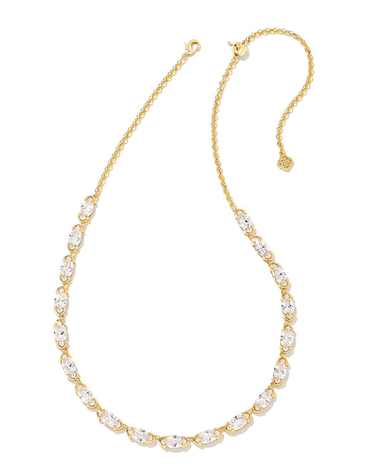 Hello, sparkly stunner! Featuring a bold chain studded with crystals, the Genevieve Strand Necklace in White Crystal adds that “wow” factor to your outfit, making it perfect for every standout occasion.  Dimensions-16' CHAIN WITH 3' EXTENDER,0.15'W Metal- 14K Gold plated over brass(Gold), Rhodium Over Brass (Silver) Closure- Lobster clasp w/ single adjustable slider bead Material- White CZ This one is gold