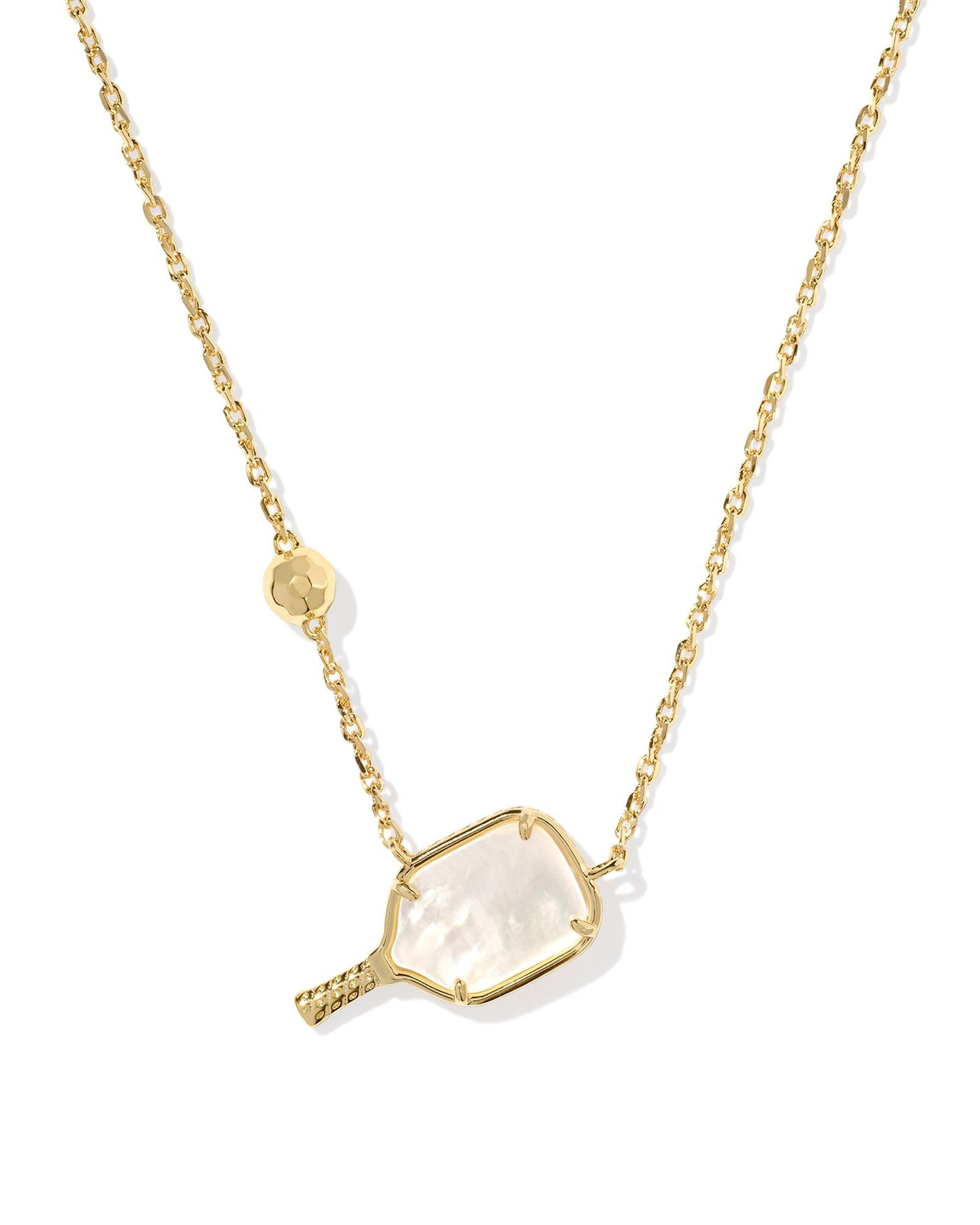 Kendra Scott Pickleball Pendant Gold Ivory Mother of Pearl Necklace
9'CHAIN,0.69'L X 0.53"W PENDANT.
14k Yellow Gold Over Brass 
Lobster Clasp W/ Single Adjustable Slider Bead
Ivory Mother of Pearl