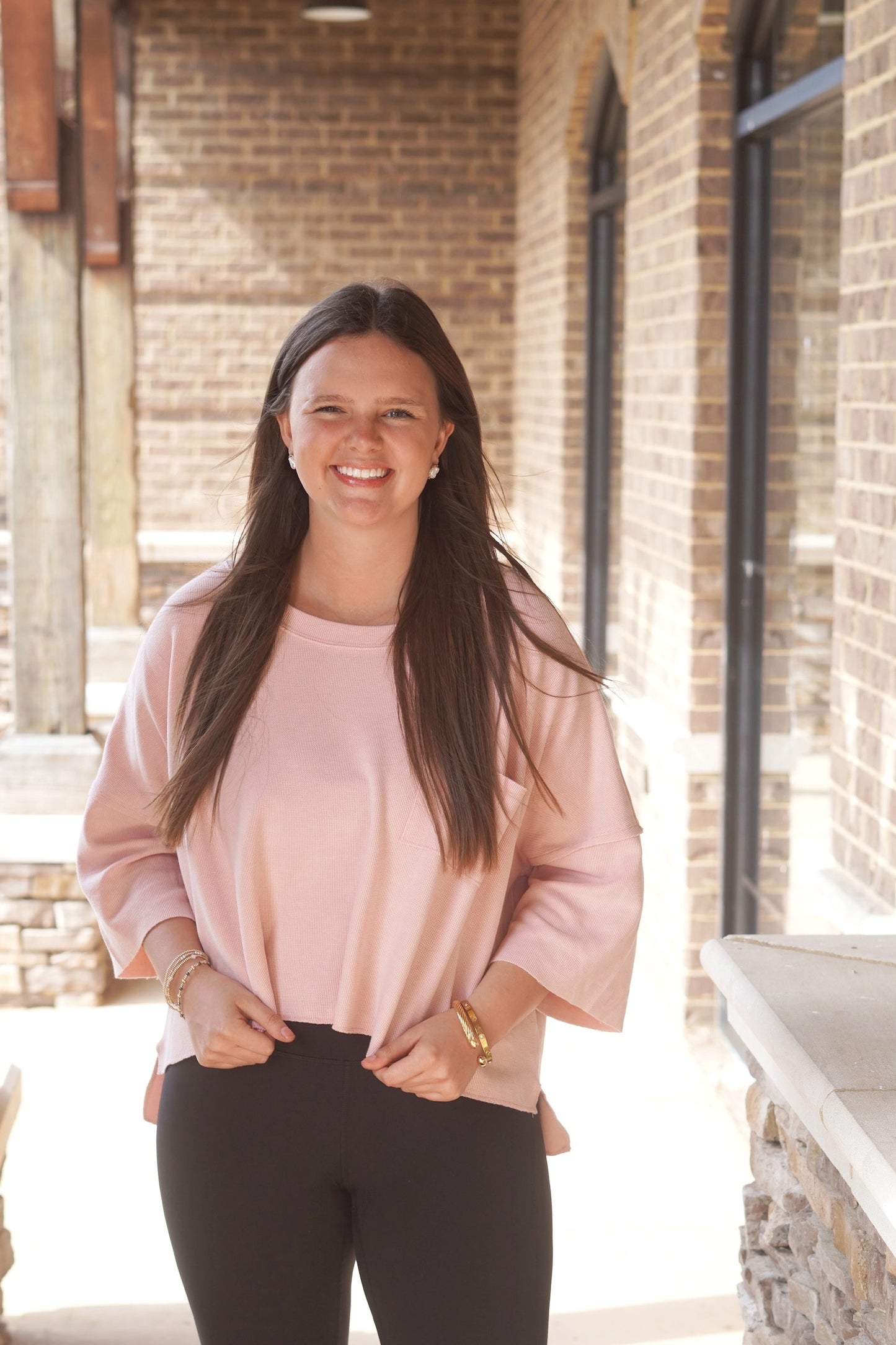 dusty pink short sleeve pocket tee, round neckline, cropped, relaxed fit. 