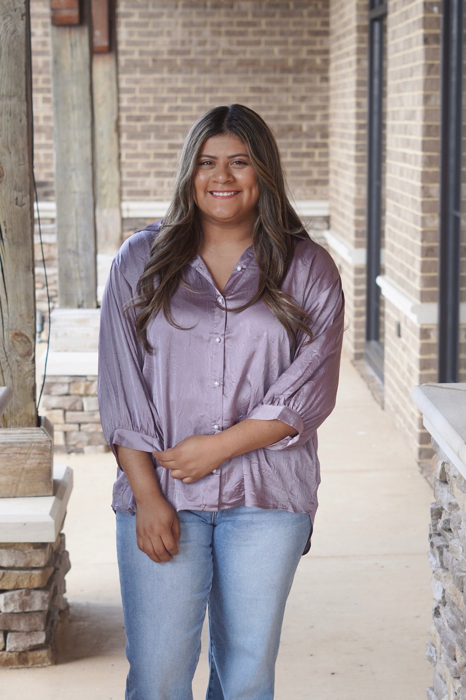 So Sleek Satin Flowy Blouse, Collar Neckline, Quarter Length Sleeves, Color: Purple Haze, Flowy, Full Length, Pearl Buttons, Satin Material. 