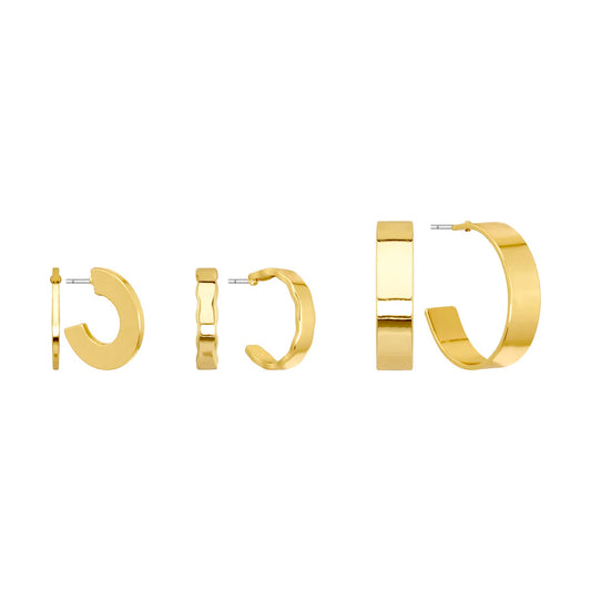 Set of Three Gold .5", .5", and 1" Hoop Earrings, Gold Plated, Thin