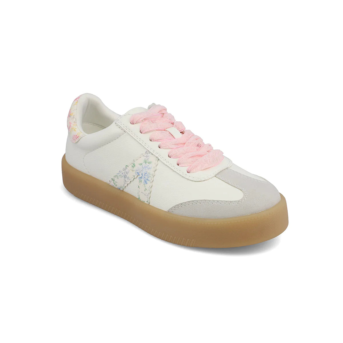 The Axel sneaker features delicate floral details,  playful pink laces, and a gum sole.