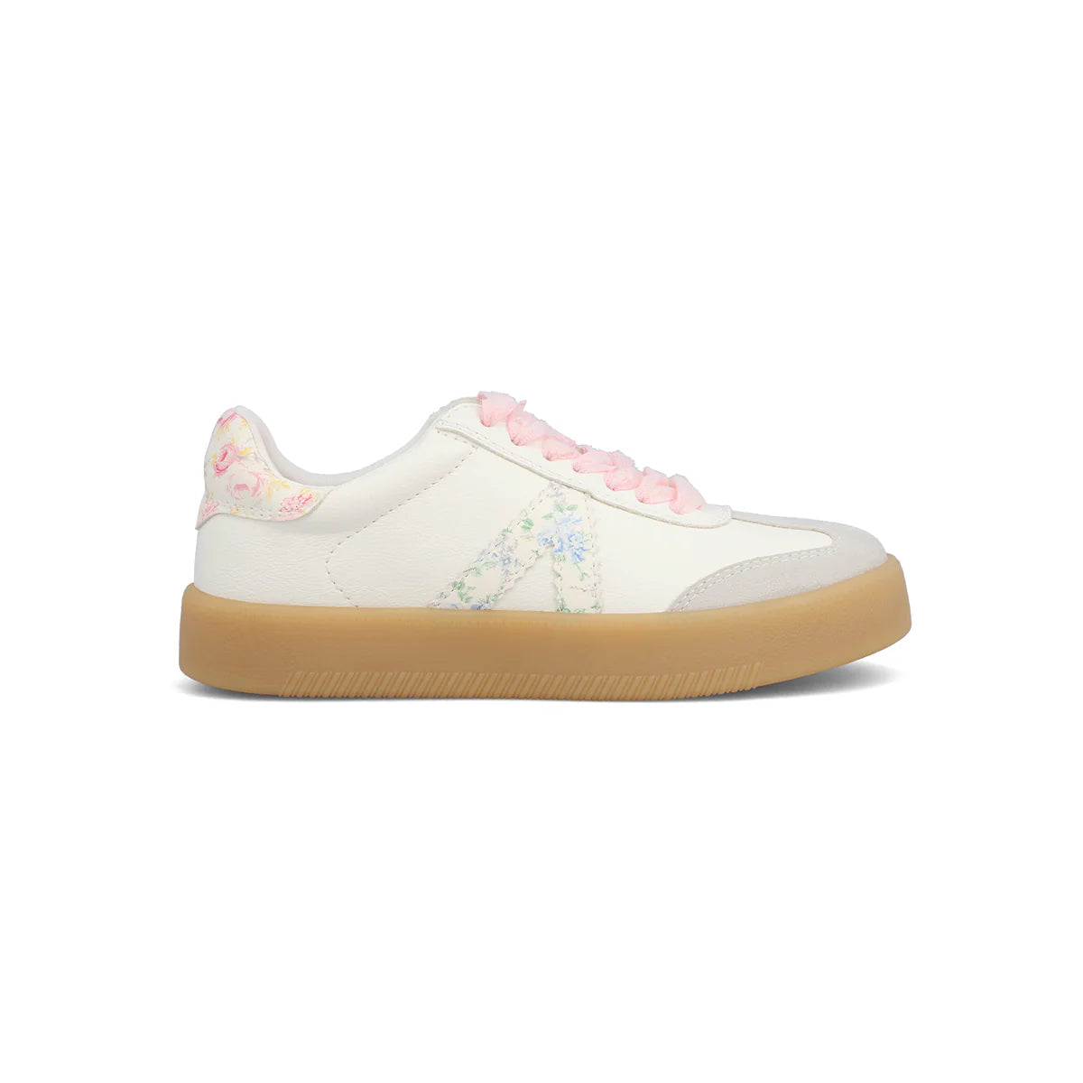 The Axel sneaker features delicate floral details,  playful pink laces, and a gum sole.