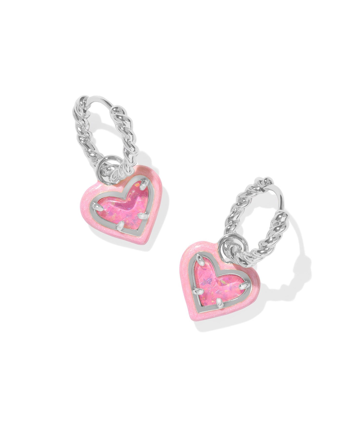 Kendra Scott Ari Heart Enamel Frame Huggie Earrings Silver Pink Iridescent Glitter Glass