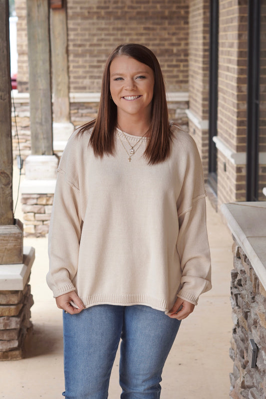 Oatmeal Cozy Long Sleeve Sweater, Round Neckline, Long Sleeves, Knit Sweater, Relaxed Fit, Color: Oatmeal