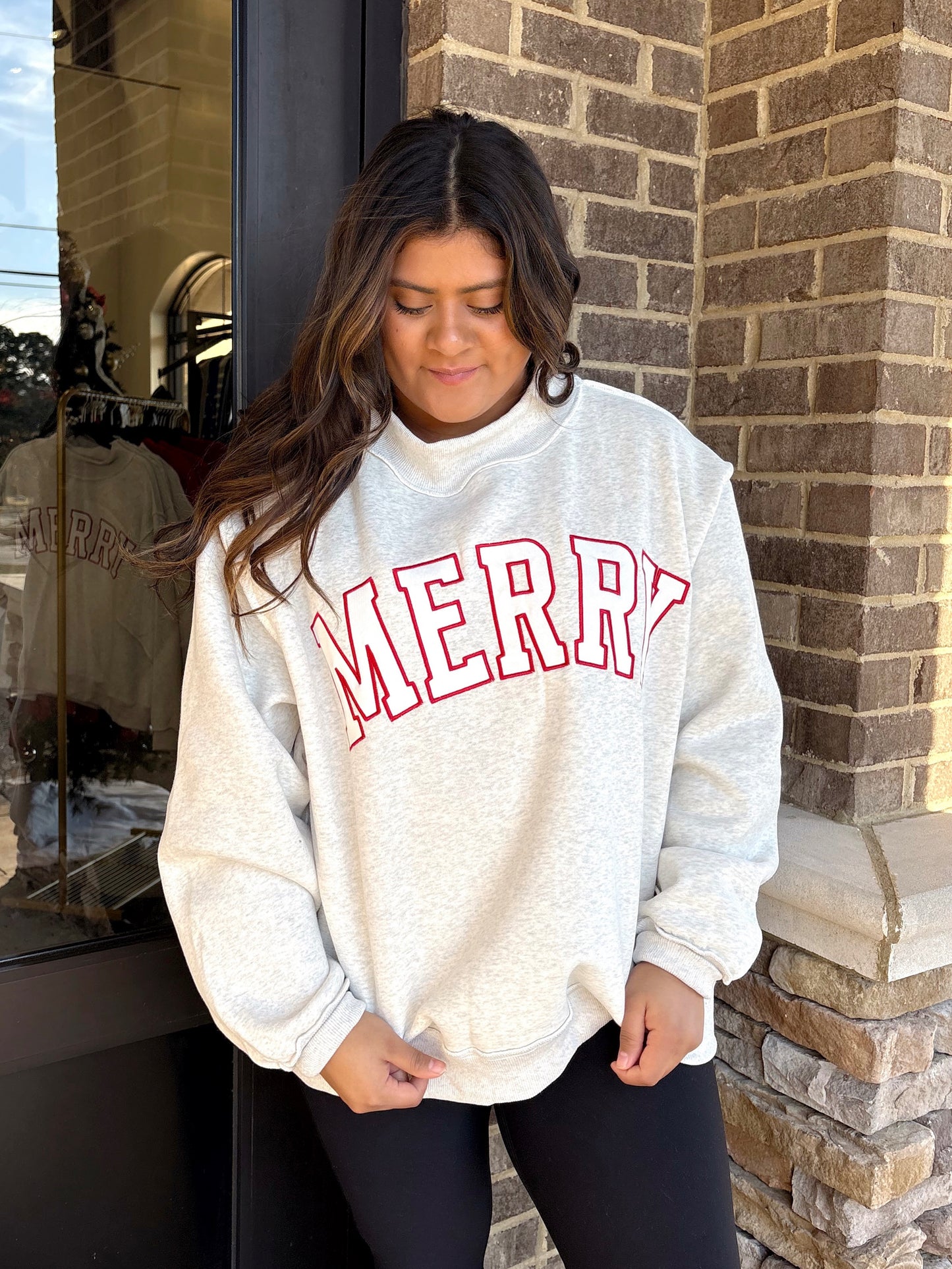 Heather Grey "Merry" Mock Neck Pullover, Mock Neckline, Long Sleeves, Full Length, Oversized, "Merry" Embroidered, Color: Heather Grey
