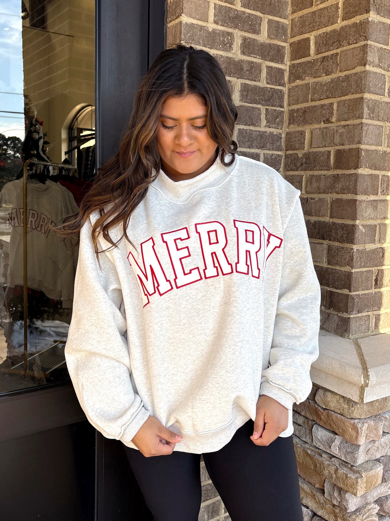 Heather Grey "Merry" Mock Neck Pullover, Mock Neckline, Long Sleeves, Full Length, Oversized, "Merry" Embroidered, Color: Heather Grey