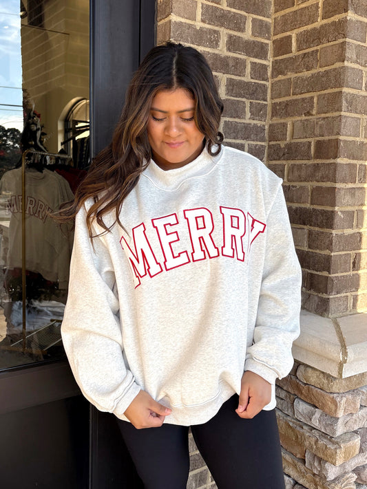 Heather Grey "Merry" Mock Neck Pullover, Mock Neckline, Long Sleeves, Full Length, Oversized, "Merry" Embroidered, Color: Heather Grey