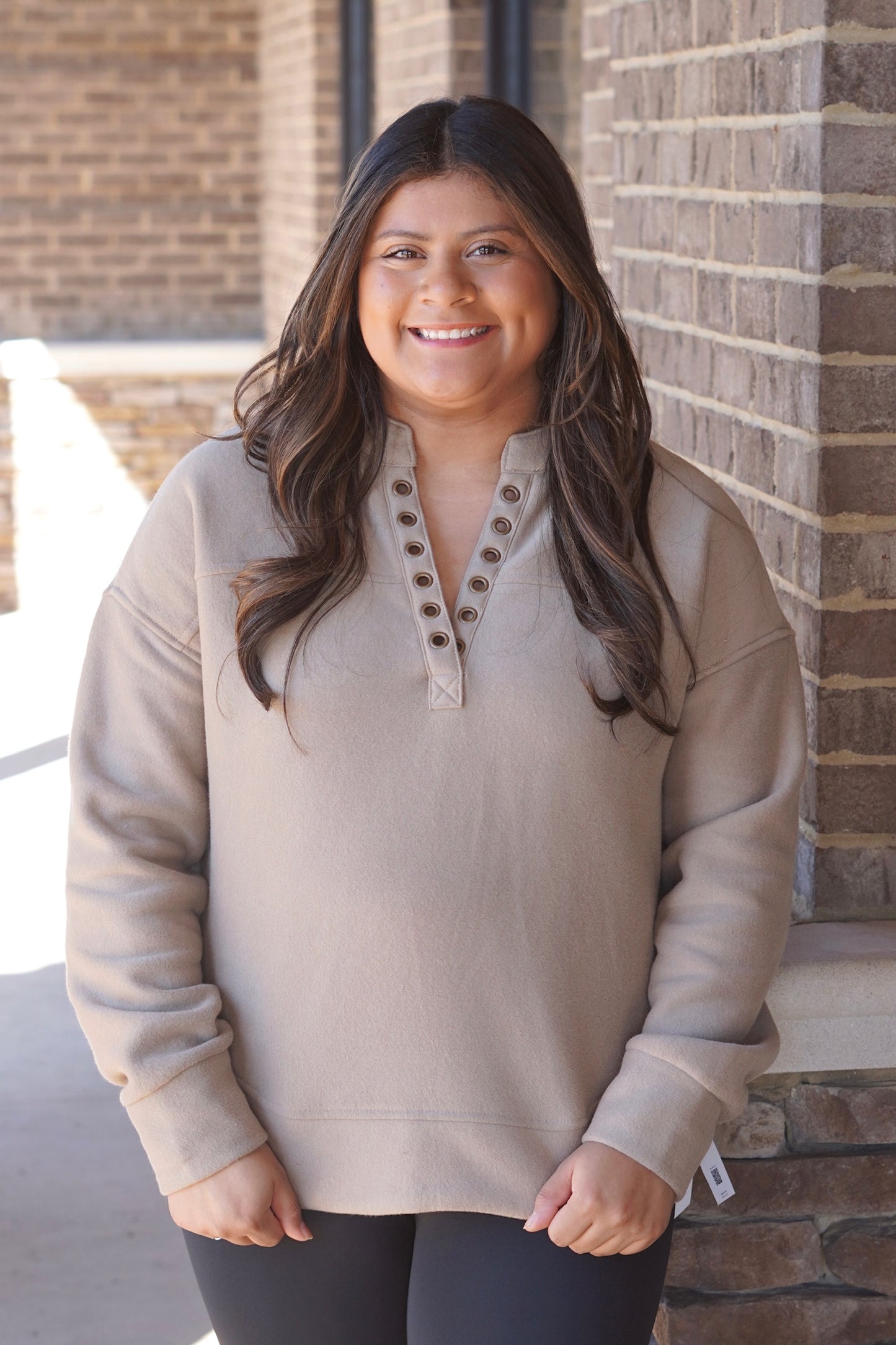 Long Sleeve Soft Pullover, , Split Neckline
Full Length, Relaxed Fit, Taupe