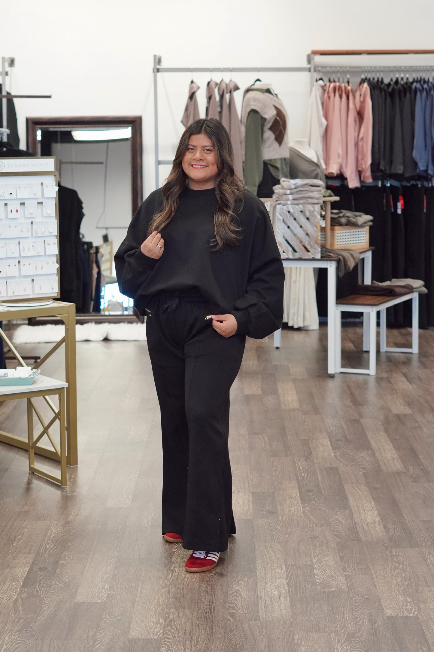 Wide Leg Sweatpant, Elastic Waistband With Drawstring, Gold Zipper Detail, Pockets, Wide Leg Pants, Black