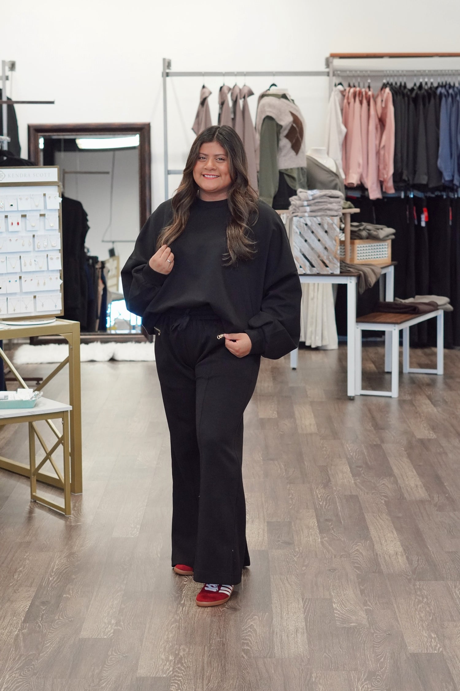 Wide Leg Sweatpant, Elastic Waistband With Drawstring, Gold Zipper Detail, Pockets, Wide Leg Pants, Black