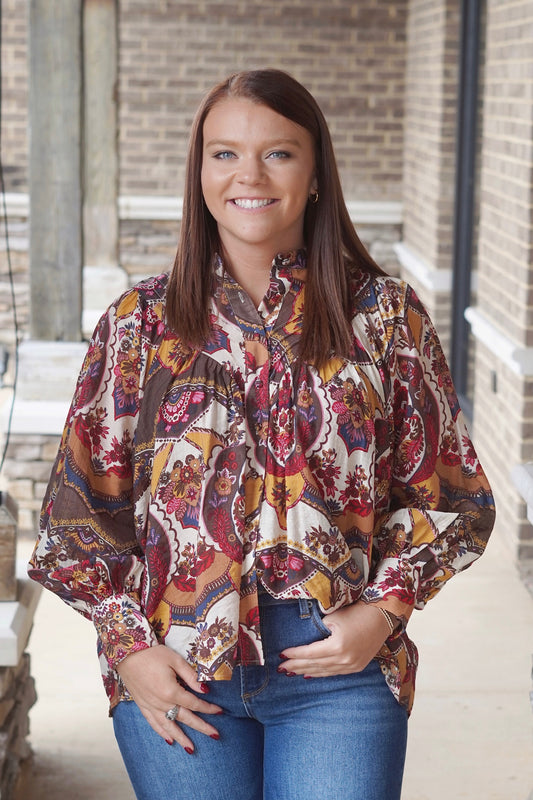 Women wearing a Printed Button Down Blouse, Round Neckline, Long Sleeves, Button Down, Color: Ruby Amber, Flowy, Full Length