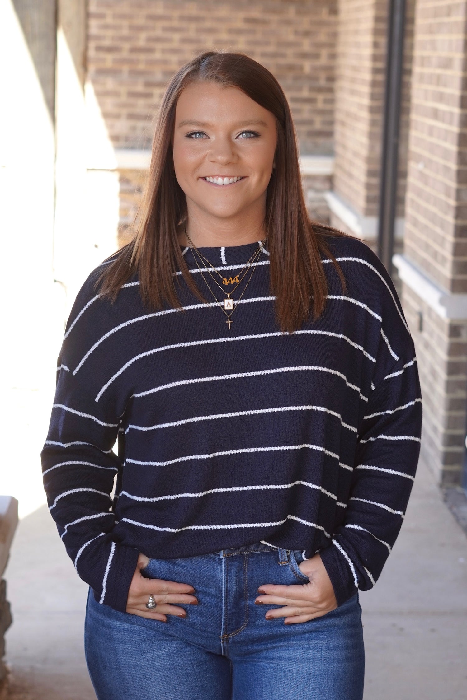 Navy Stripe Drop Shoulder Knit Top, Long Sleeves, Round Neckline, Navy
