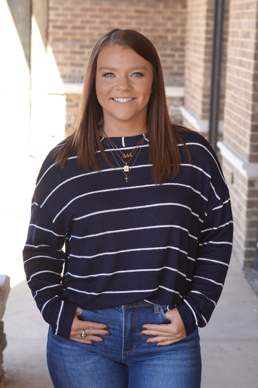 Navy Stripe Drop Shoulder Knit Top, Long Sleeves, Round Neckline, Navy