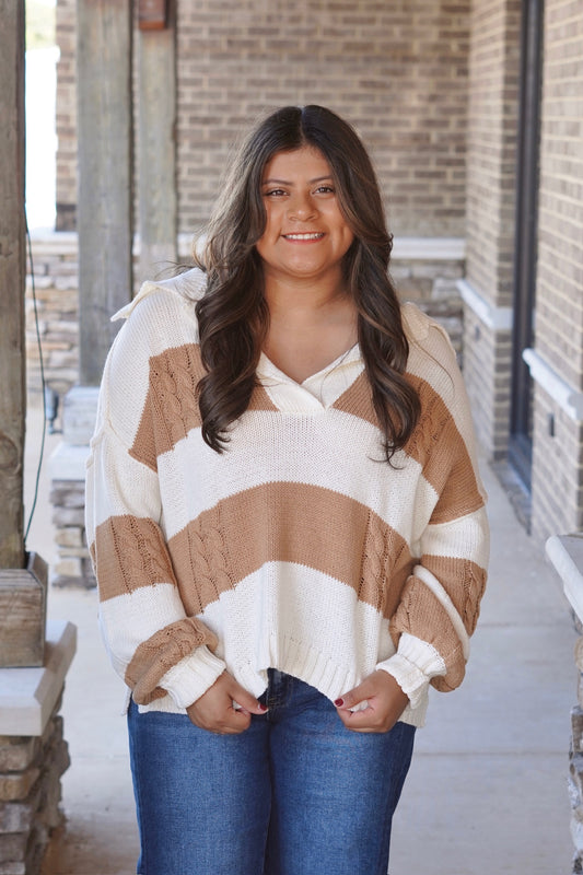 Teddy Striped Knit Pullover, Split Collar Neckline, Long Sleeves, Overized, Brown Stripes, Chunky Knit Sweater, Full length