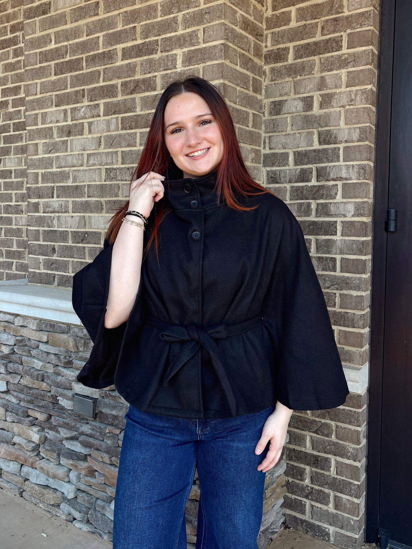 Luxe Midnight Mock Neck Belted Cape Coat