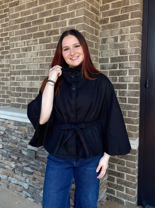 Luxe Midnight Mock Neck Belted Cape Coat