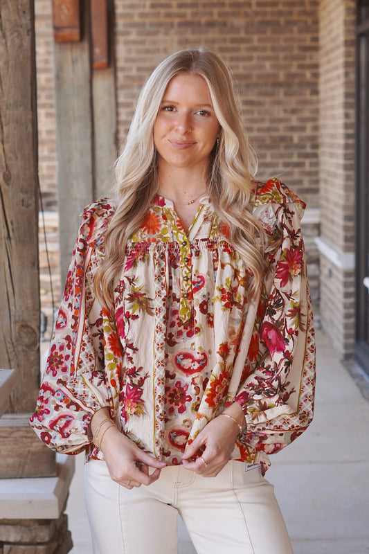 Farryn Floral Long Sleeve blouse, Split Neckline, Button Detail, Long Sleeves, Full Length, Floral Print, Color: Multi