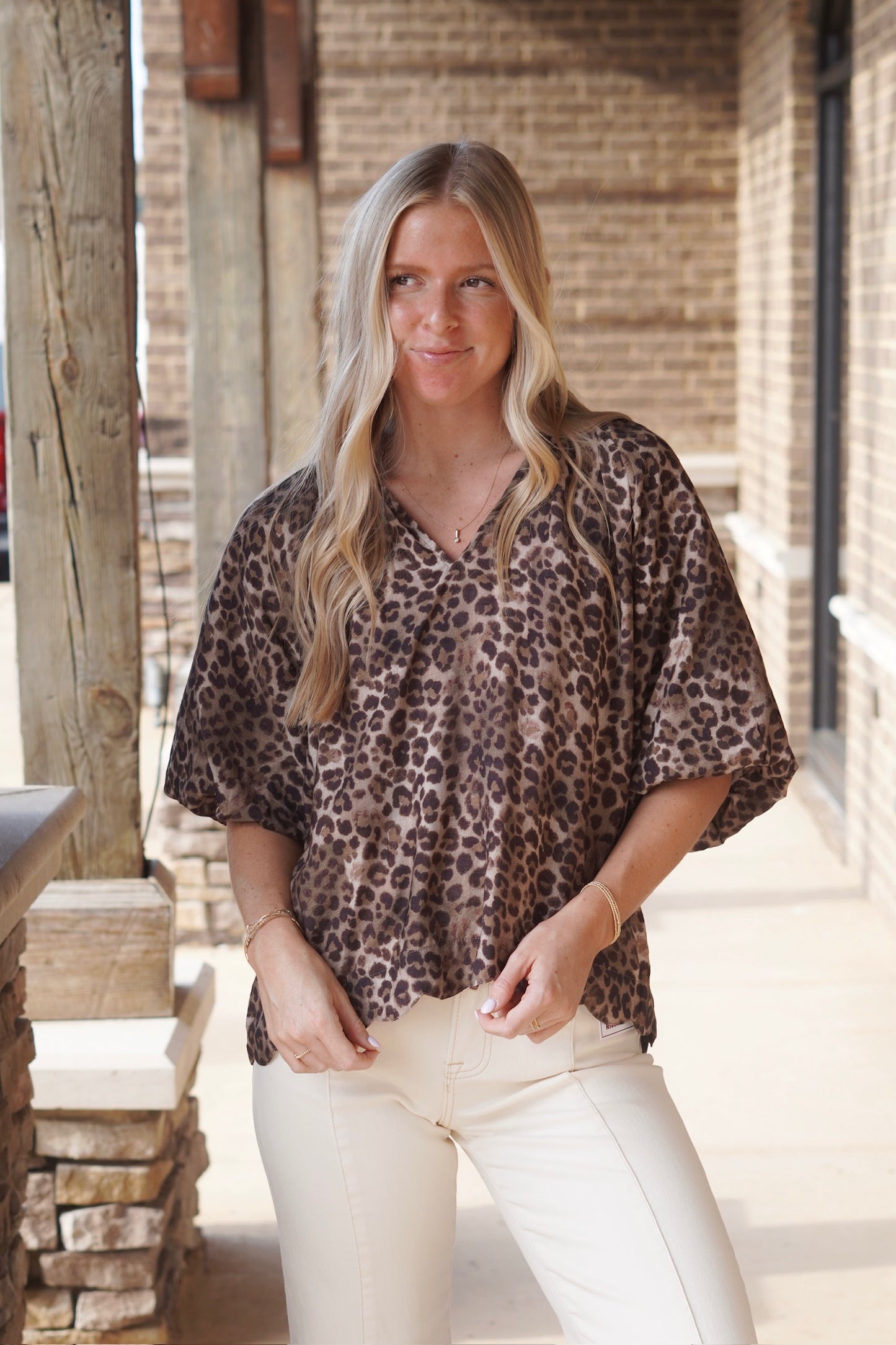So Chic Cheetah Print Top, V-Neckline, Short Puff Sleeves, Full Length, Scallop Hemline, Color: Brown, Cheetah Print